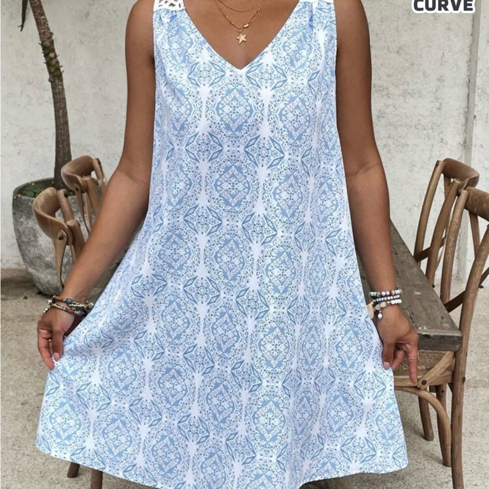 SHEIN Blue and White Patterned Dress